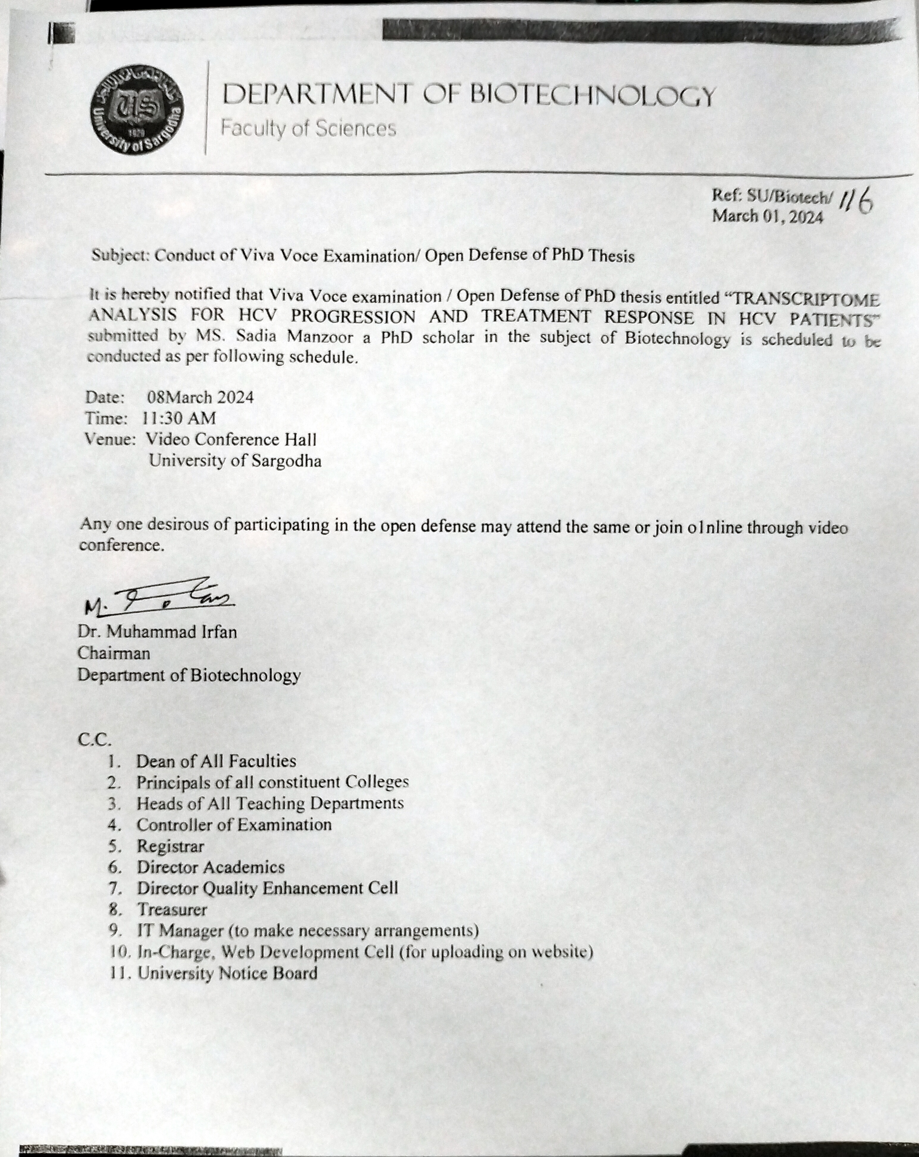 Conduct of Viva Voce Examination / Open Defense of PhD Thesis (Biotechnology)